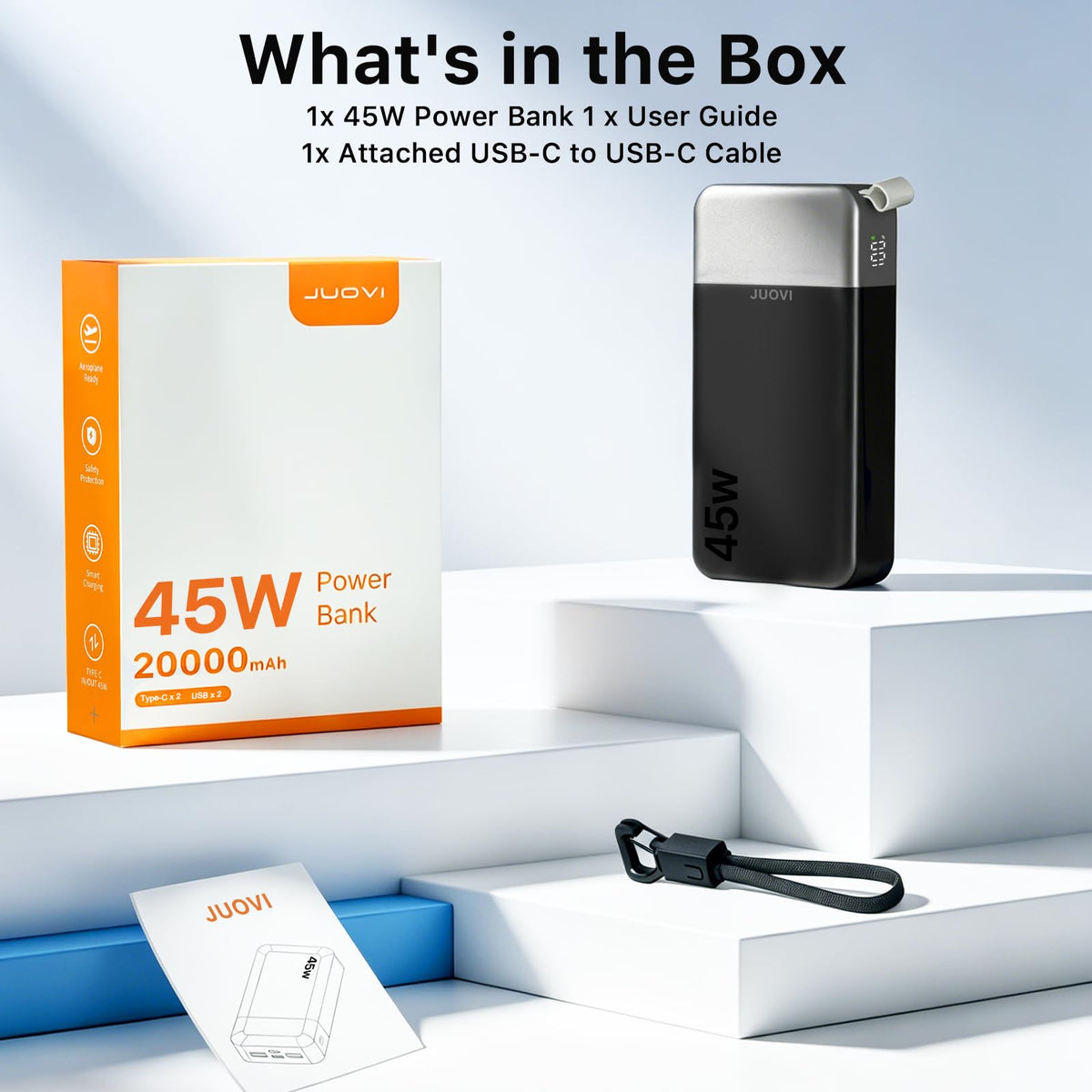 JUOVI Power Bank 45W 20000mAh Portable Charger with Detachable Cable, PD QC 4-Port Fast Charging, External Battery Pack for iPad Tablet iPhone Samsung and More