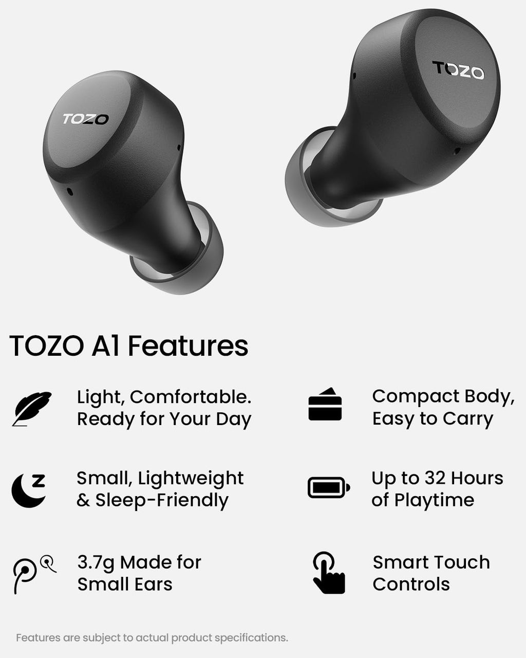 TOZO A1 Lightweight Bluetooth 5.3 Wireless Earbuds