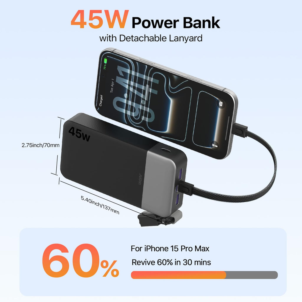 JUOVI Power Bank 45W 20000mAh Portable Charger with Detachable Cable, PD QC 4-Port Fast Charging, External Battery Pack for iPad Tablet iPhone Samsung and More