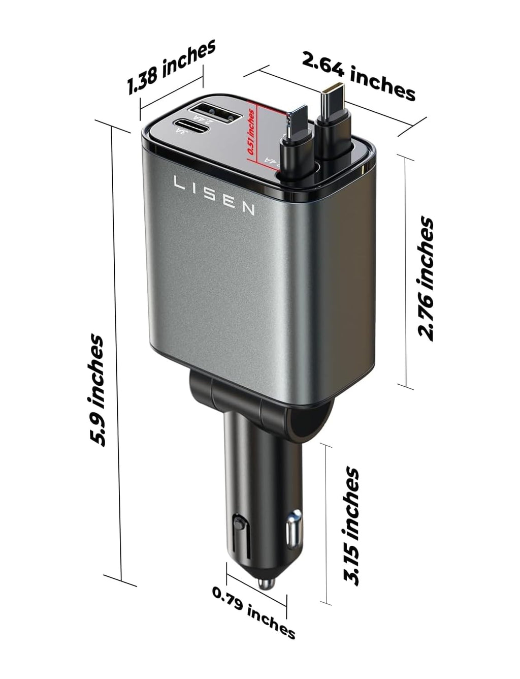 LISEN 84W Retractable USB-C Fast Car Charger Adapter