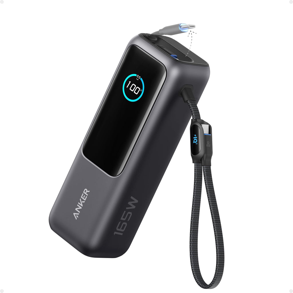 Anker Laptop Power Bank, 25,000mAh Portable Charger with Triple 100W USB-C Ports for Multi-Device Charging, Built-in and Retractable Cables, for iPhone 16/15 Series, MacBook, Samsung, and More