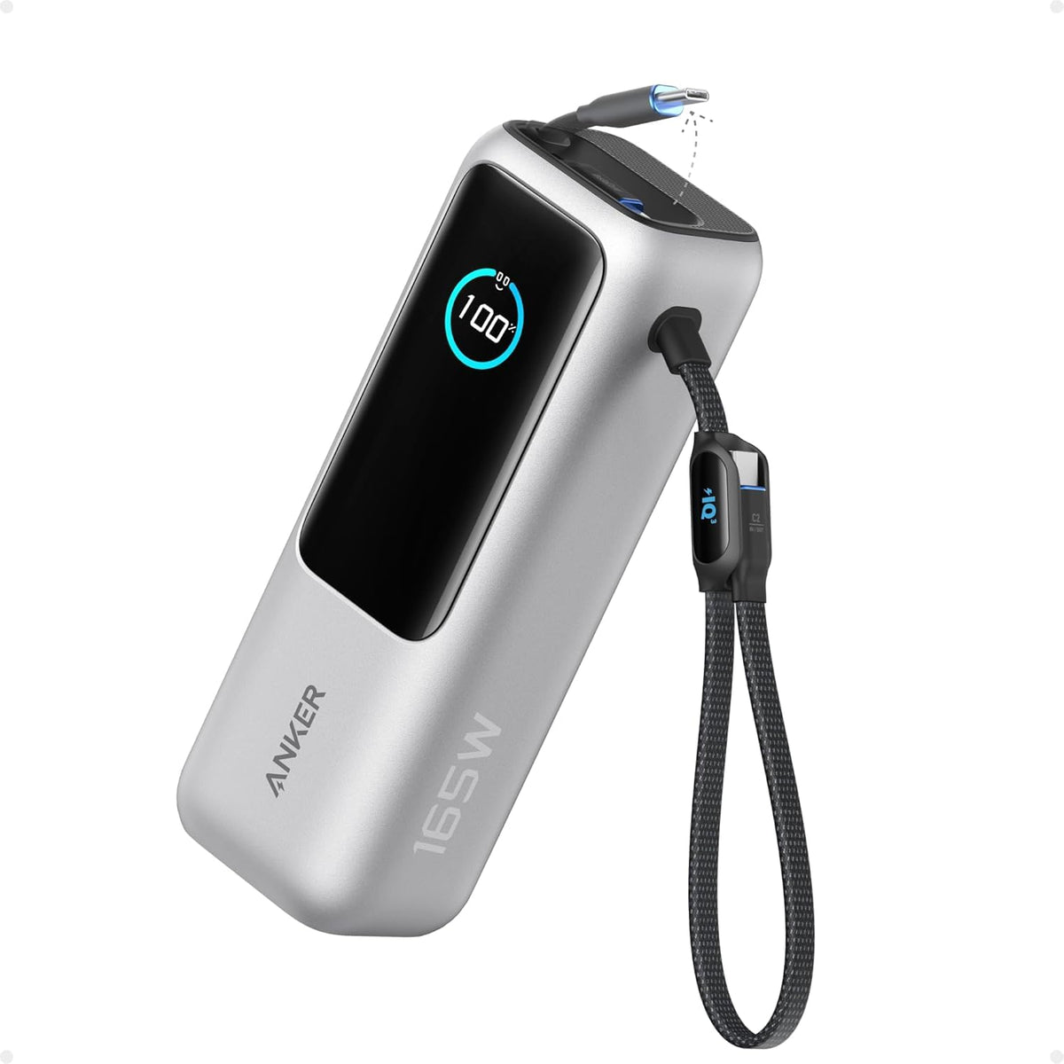 Anker Laptop Power Bank, 25,000mAh Portable Charger with Triple 100W USB-C Ports for Multi-Device Charging, Built-in and Retractable Cables, for iPhone 16/15 Series, MacBook, Samsung, and More