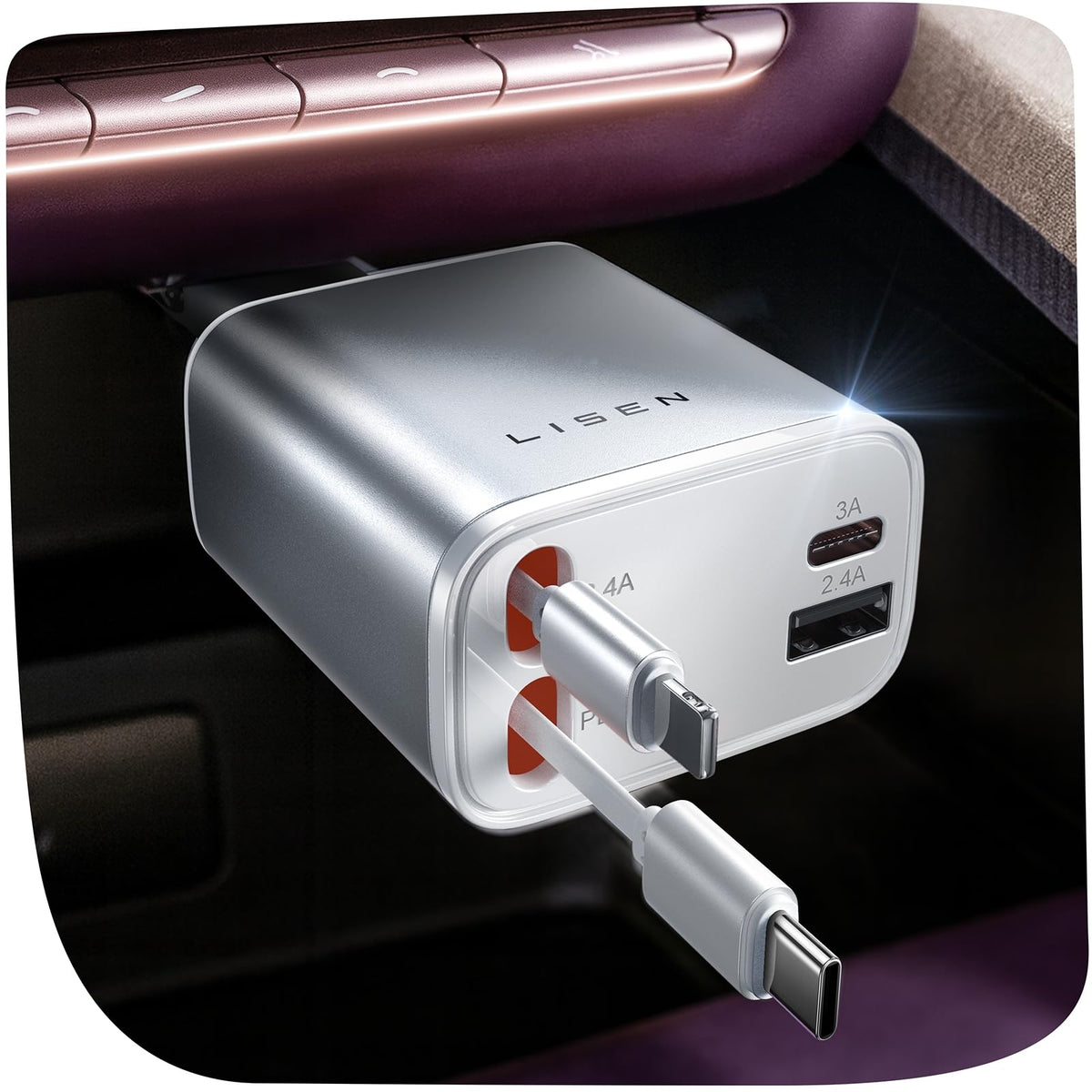 LISEN 84W Retractable USB-C Fast Car Charger Adapter