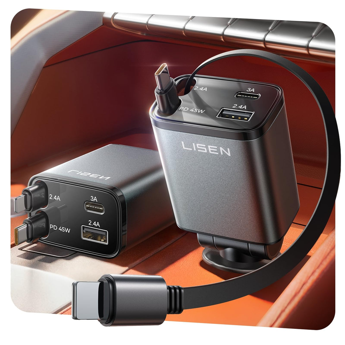 LISEN 84W Retractable USB-C Fast Car Charger Adapter