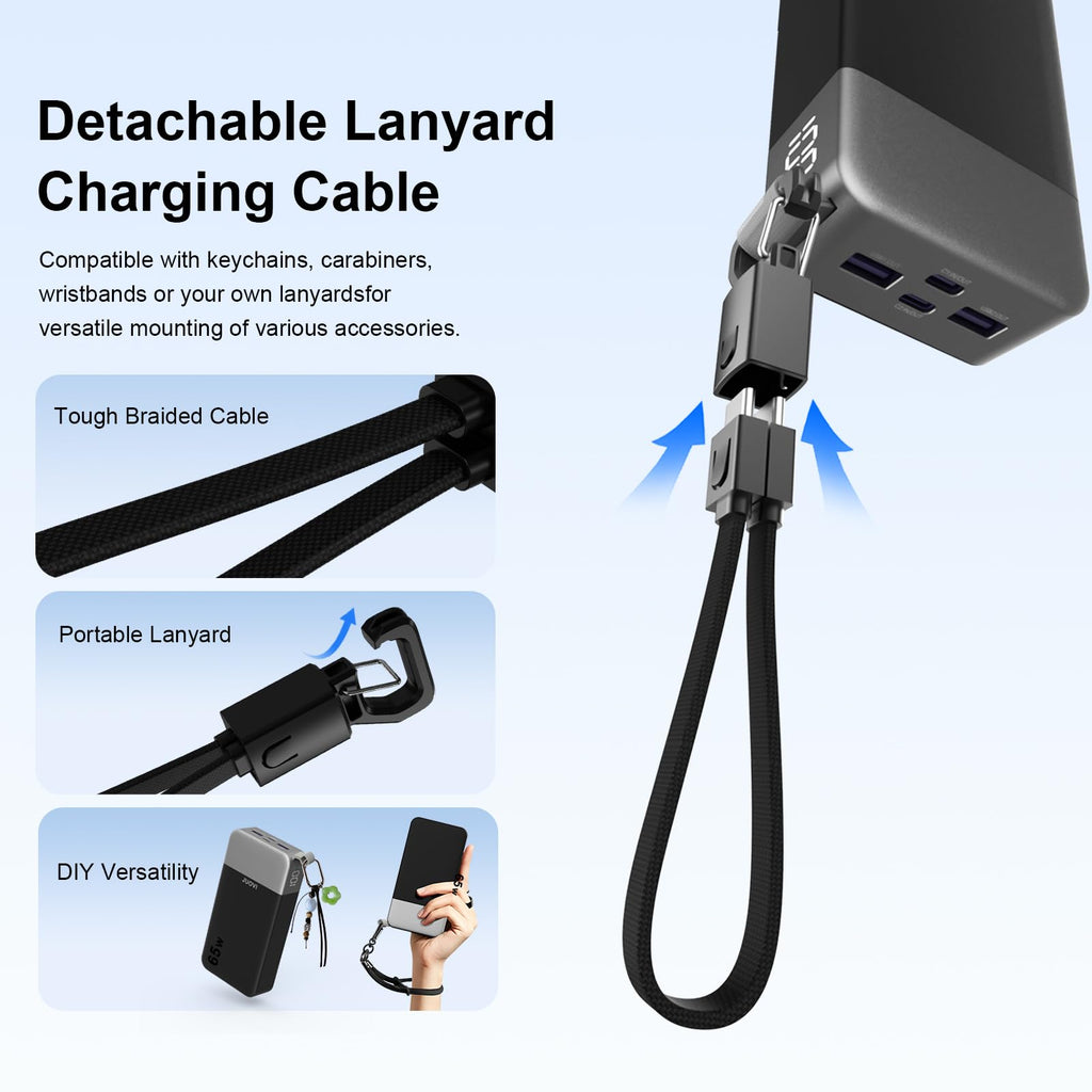 JUOVI Power Bank 45W 20000mAh Portable Charger with Detachable Cable, PD QC 4-Port Fast Charging, External Battery Pack for iPad Tablet iPhone Samsung and More