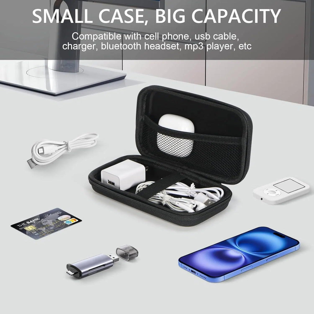 GLCON Small Hard Shell Carrying Case for External Battery,Cell Phone,GPS,Hard Drive,USB Charging Cable,Carrying Bag Mesh Inner Pocket,Zipper Enclosure,Universal Travel Pouch Bag