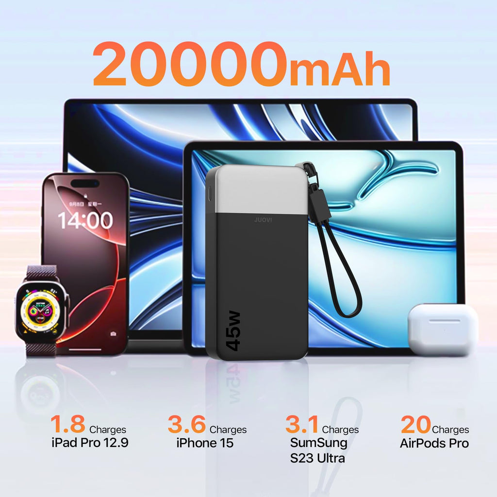 JUOVI Power Bank 45W 20000mAh Portable Charger with Detachable Cable, PD QC 4-Port Fast Charging, External Battery Pack for iPad Tablet iPhone Samsung and More