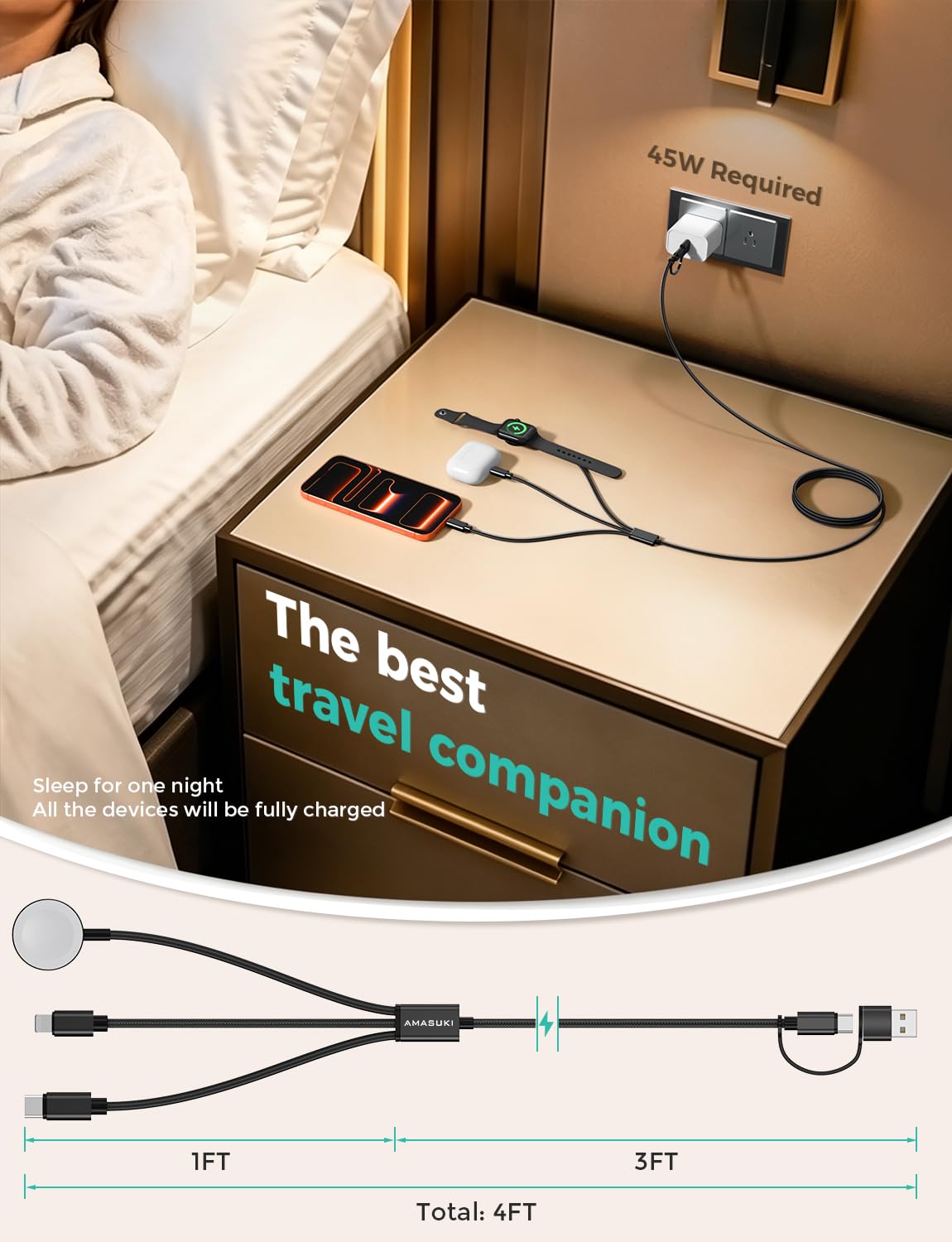 3-in-2 USB-C Charging Cable for Apple Watch & iPhone