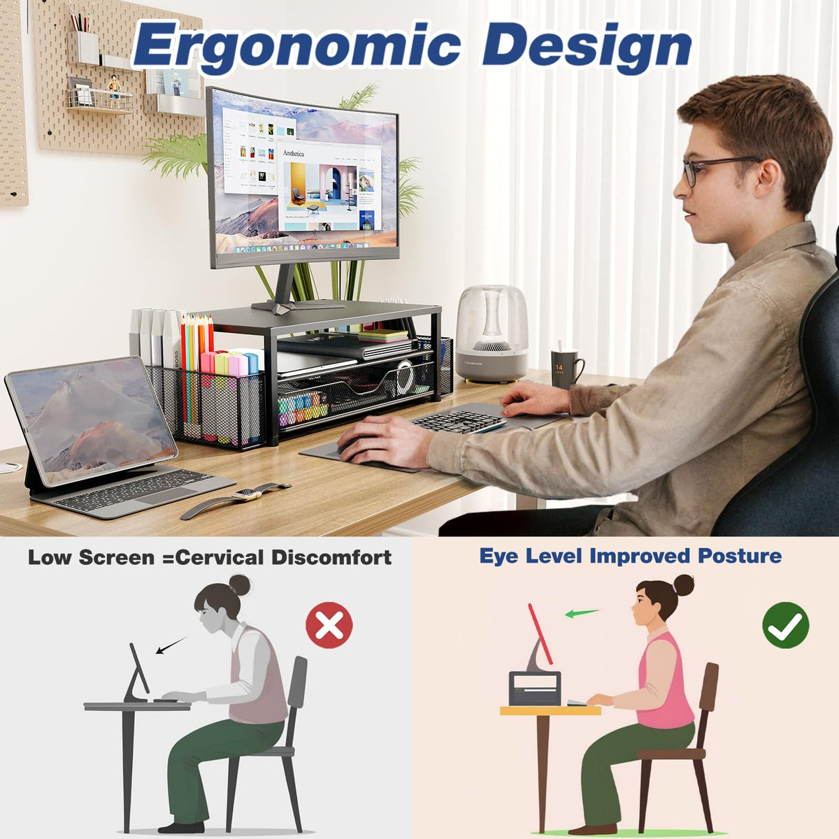 OPNICE Monitor Stand Riser with Drawer & Pen Holders