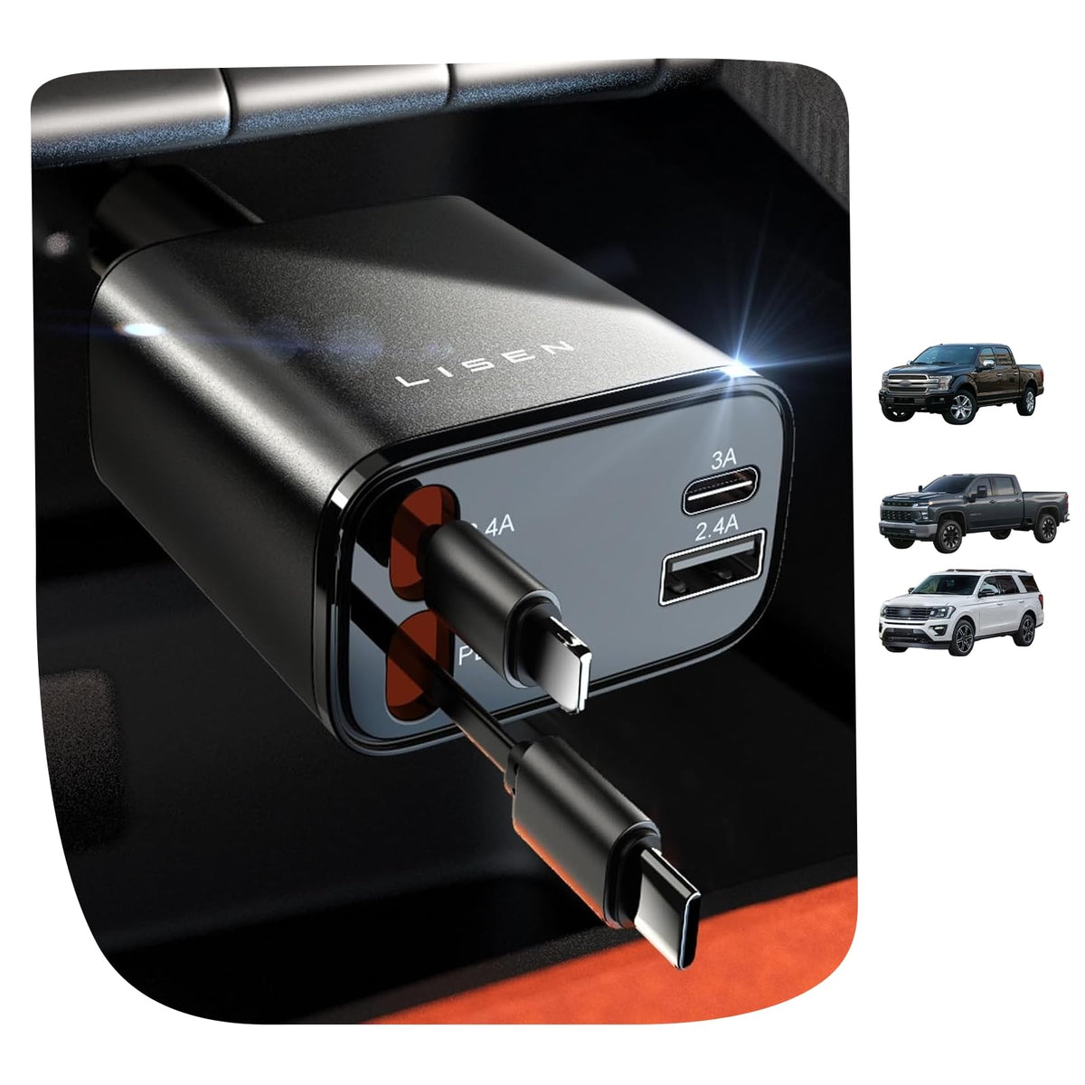 LISEN 84W Retractable USB-C Fast Car Charger Adapter