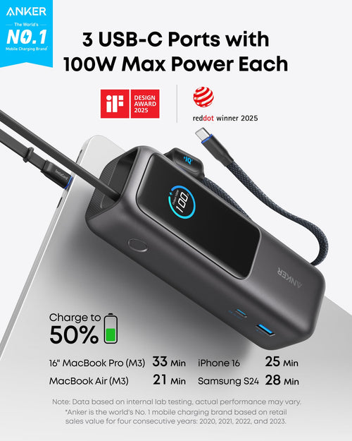 Anker Laptop Power Bank, 25,000mAh Portable Charger with Triple 100W USB-C Ports for Multi-Device Charging, Built-in and Retractable Cables, for iPhone 16/15 Series, MacBook, Samsung, and More