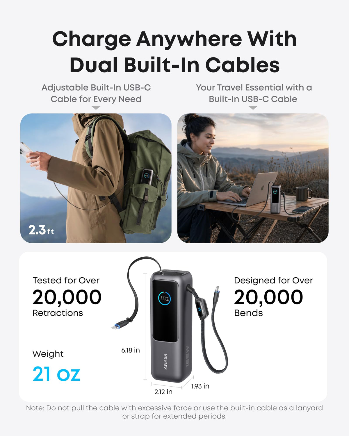 Anker Laptop Power Bank, 25,000mAh Portable Charger with Triple 100W USB-C Ports for Multi-Device Charging, Built-in and Retractable Cables, for iPhone 16/15 Series, MacBook, Samsung, and More