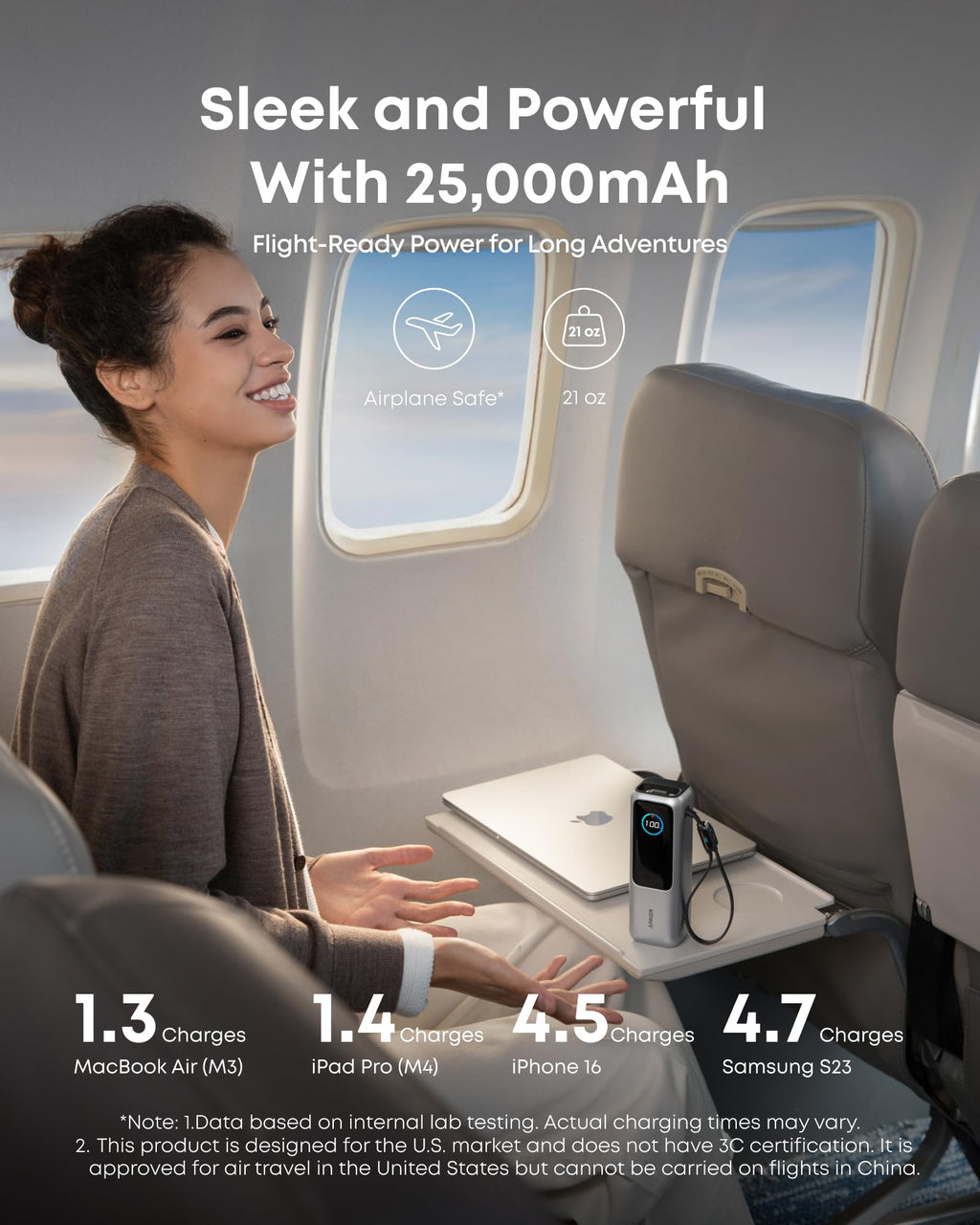 Anker Laptop Power Bank, 25,000mAh Portable Charger with Triple 100W USB-C Ports for Multi-Device Charging, Built-in and Retractable Cables, for iPhone 16/15 Series, MacBook, Samsung, and More