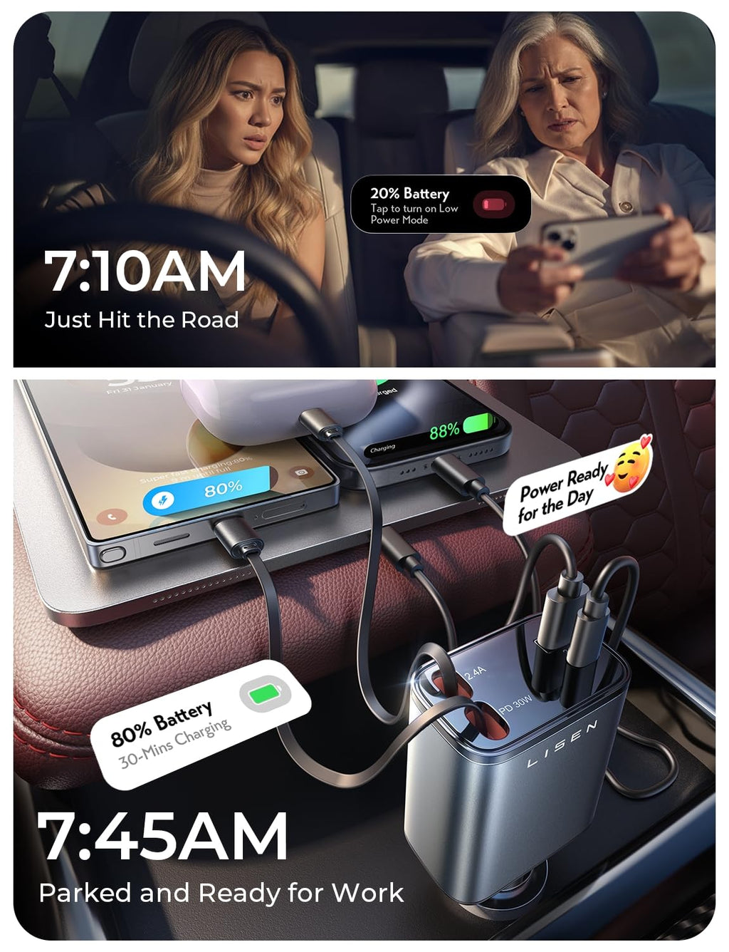 LISEN 84W Retractable USB-C Fast Car Charger Adapter