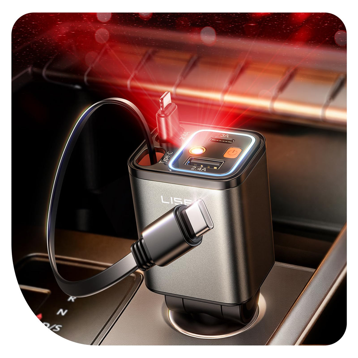 LISEN 84W Retractable USB-C Fast Car Charger Adapter