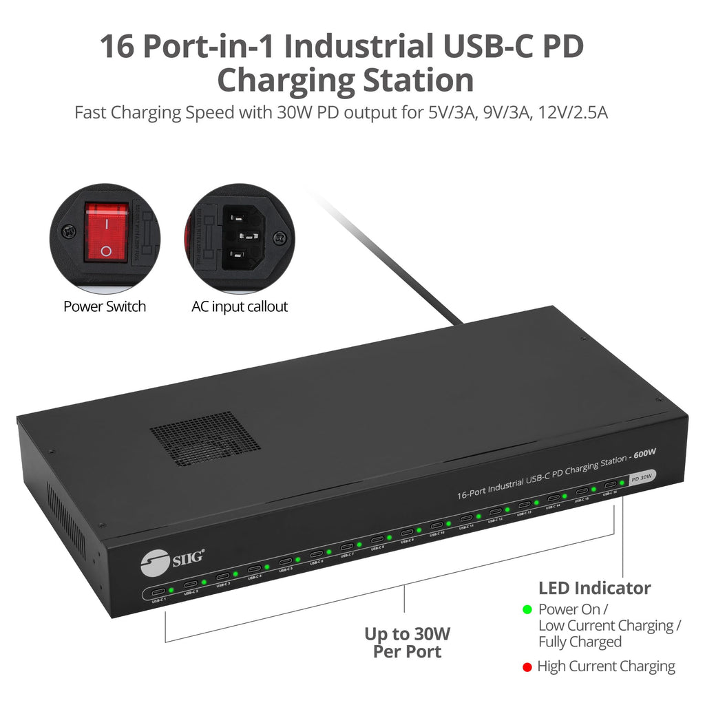 SIIG 16-Port 600W USB-C PD Industrial Charging Station
