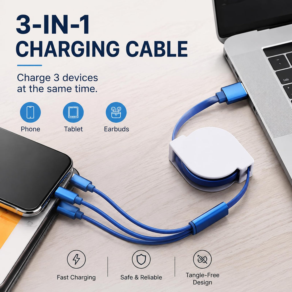 Custom Retractable 3-in-1 Charging Cable with Full-Color Logo