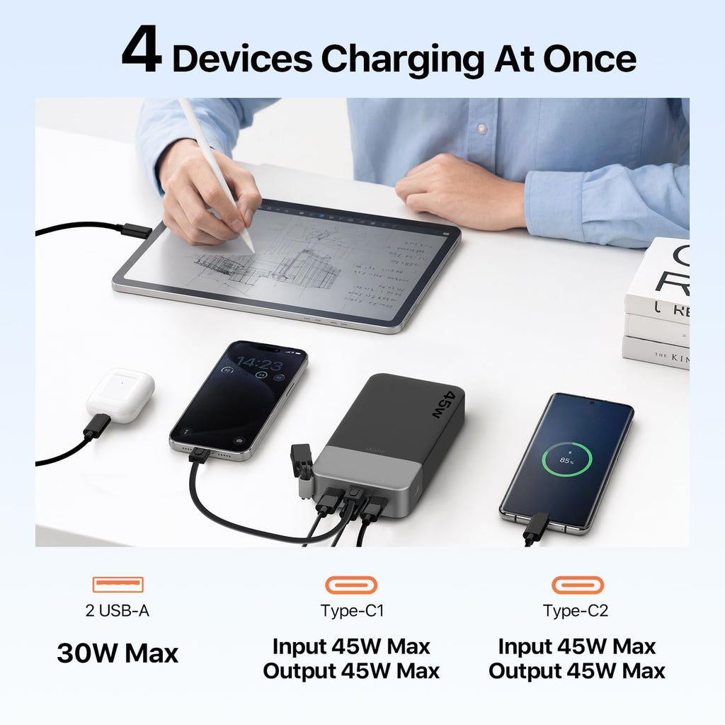 JUOVI Power Bank 45W 20000mAh Portable Charger with Detachable Cable, PD QC 4-Port Fast Charging, External Battery Pack for iPad Tablet iPhone Samsung and More