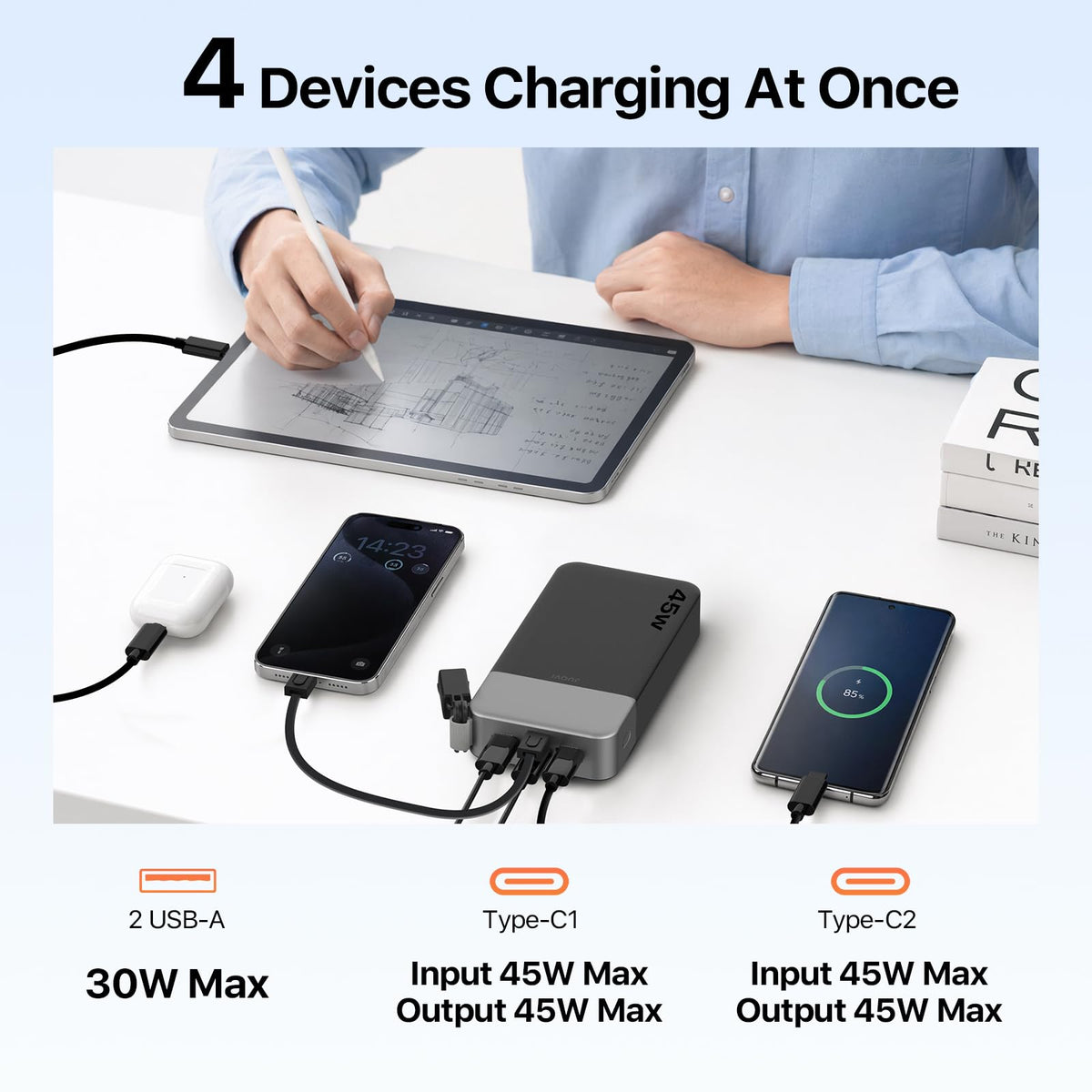 JUOVI Power Bank 45W 20000mAh Portable Charger with Detachable Cable, PD QC 4-Port Fast Charging, External Battery Pack for iPad Tablet iPhone Samsung and More