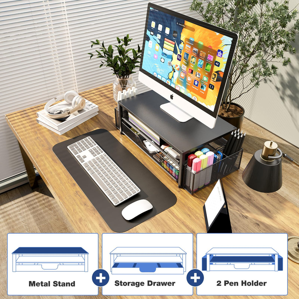OPNICE Monitor Stand Riser with Drawer & Pen Holders