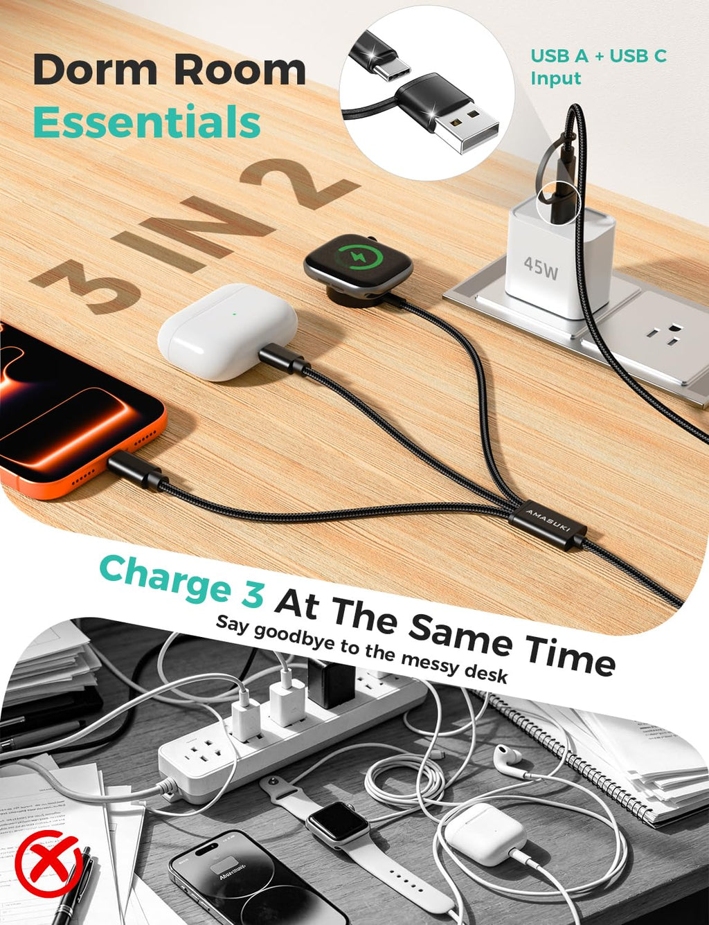 3-in-2 USB-C Charging Cable for Apple Watch & iPhone