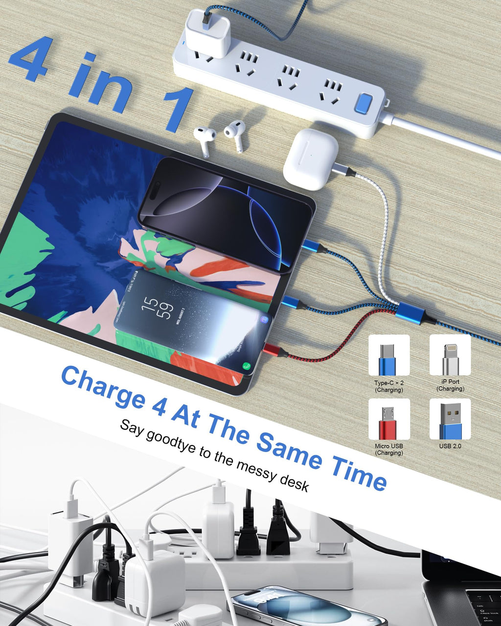 Plnhixt 6FT 4-in-1 Multi Charging Cable USB-C & Lightning