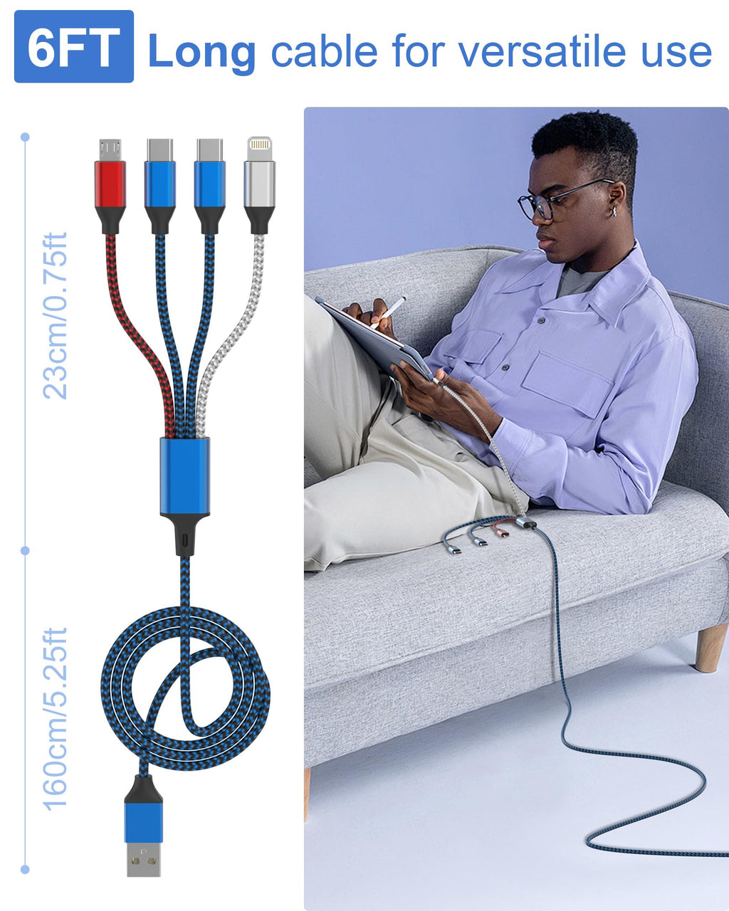 Plnhixt 6FT 4-in-1 Multi Charging Cable USB-C & Lightning