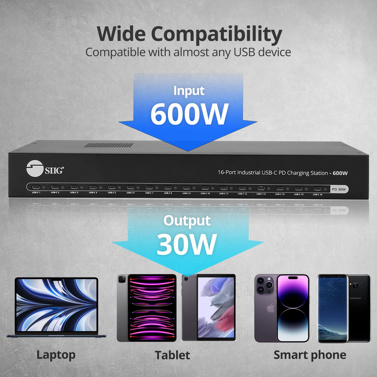 SIIG 16-Port 600W USB-C PD Industrial Charging Station